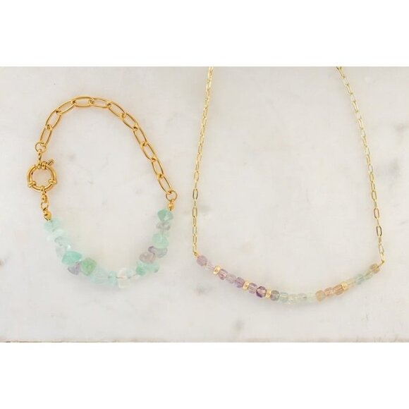Fluorite Bundle Necklace & Bracelet Non-tarnish Gold Chain Waterproof Jewelry - Picture 4 of 12